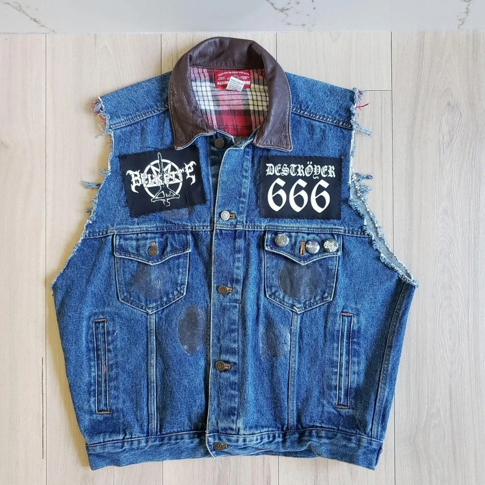 Vintage Marlboro Country Store Vest Mens M Blue Denim Biker Lamb Of God Patch